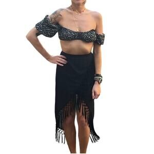 Winnie & Co. Crop Top Floral Bra Top Cropped Shirt Puff Sleeve Cinched S Black